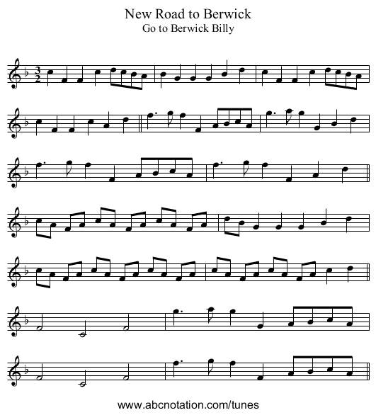 New Road to Berwick - staff notation