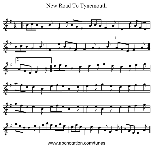 New Road To Tynemouth - staff notation