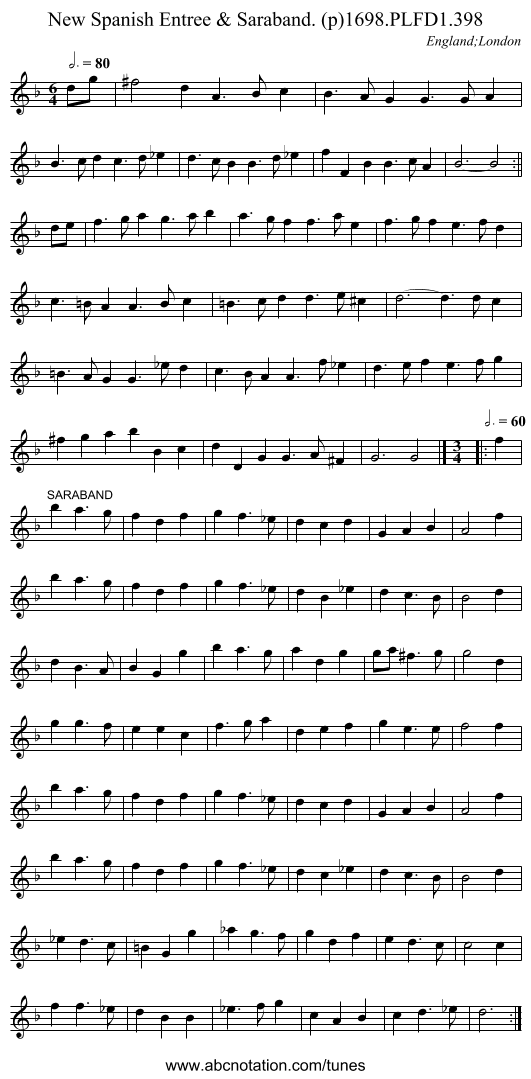 New Spanish Entree & Saraband. (p)1698.PLFD1.398 - staff notation