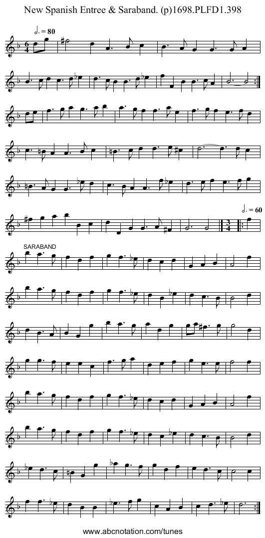 New Spanish Entree & Saraband. (p)1698.PLFD1.398 - staff notation