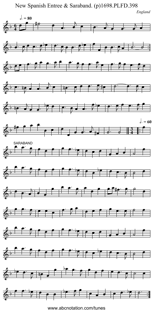 New Spanish Entree & Saraband. (p)1698.PLFD.398 - staff notation