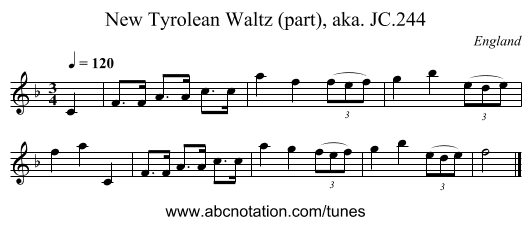 New Tyrolean Waltz (part), aka. JC.244 - staff notation