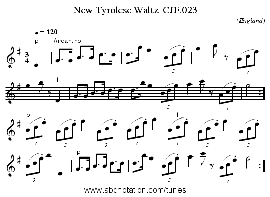 New Tyrolese Waltz. CJF.023 - staff notation