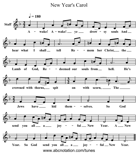 New Year's Carol - staff notation