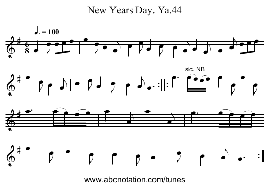 New Years Day. Ya.44 - staff notation