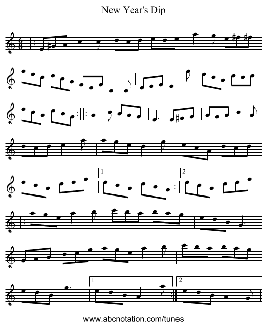 New Year's Dip - staff notation