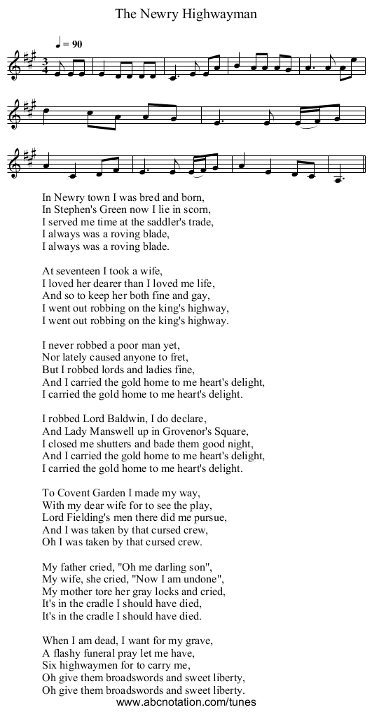 Newry Highwayman, The - staff notation