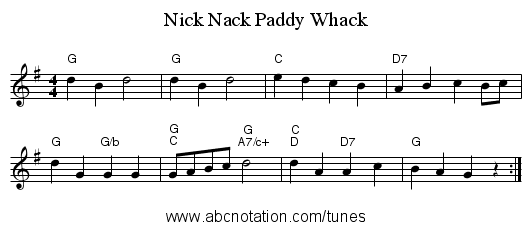 Nick Nack Paddy Whack - staff notation