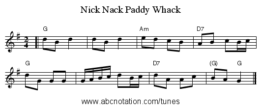 Nick Nack Paddy Whack - staff notation