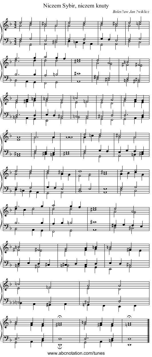 Niczem Sybir, niczem knuty - staff notation