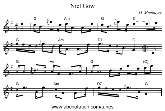 Niel Gow - staff notation