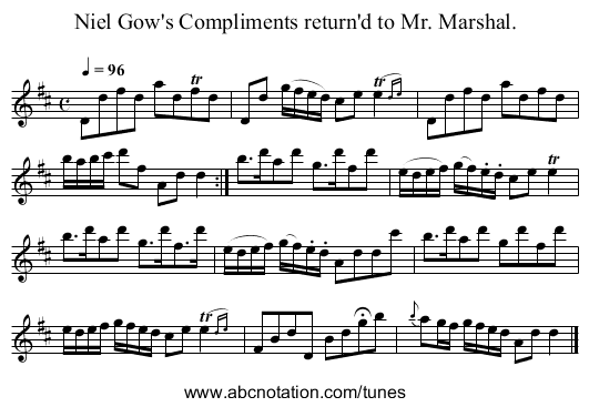 Niel Gow's Compliments return'd to Mr. Marshal. - staff notation