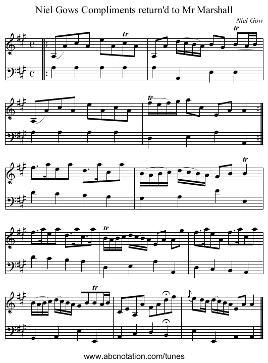 Niel Gows Compliments return'd to Mr Marshall - staff notation