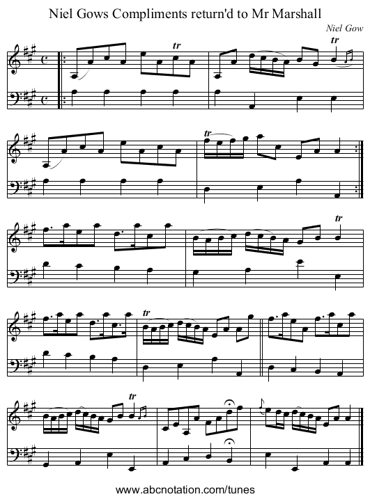 Niel Gows Compliments return'd to Mr Marshall - staff notation