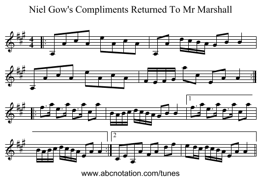 Niel Gow's Compliments Returned To Mr Marshall - staff notation