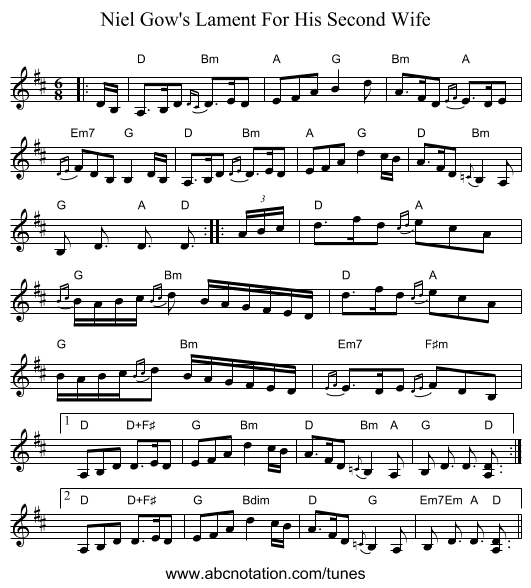 Niel Gow's Lament For His Second Wife - staff notation