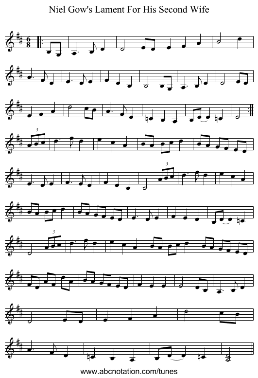 Niel Gow's Lament For His Second Wife - staff notation