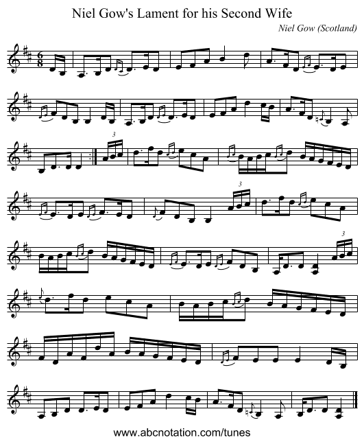 Niel Gow's Lament for his Second Wife - staff notation
