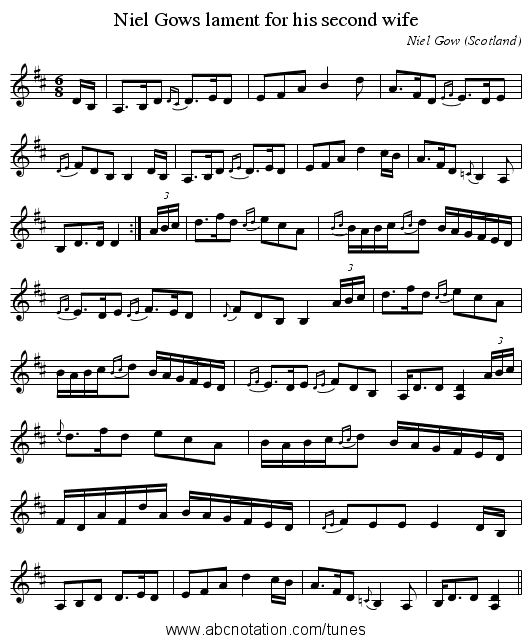 Niel Gows lament for his second wife - staff notation