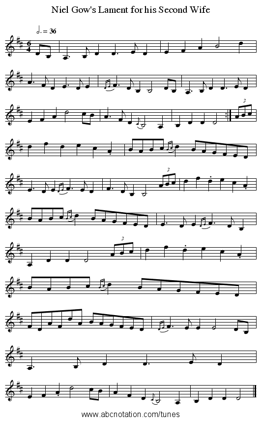 Niel Gow's Lament for his Second Wife - staff notation
