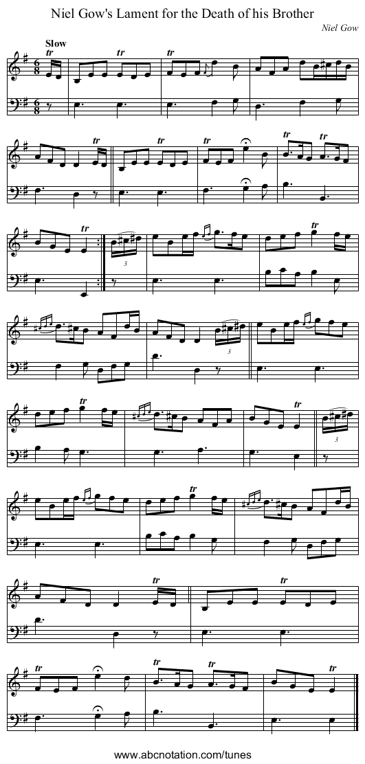 Niel Gow's Lament for the Death of his Brother - staff notation