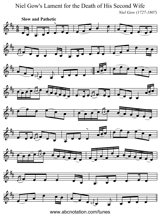 Niel Gow's Lament for the Death of His Second Wife - staff notation