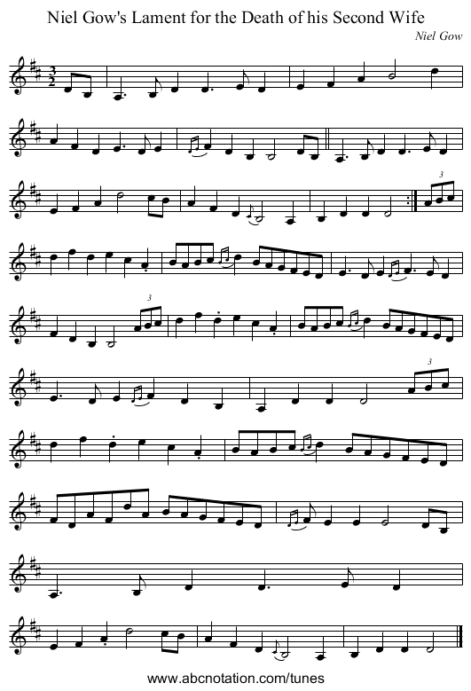 Niel Gow's Lament for the Death of his Second Wife - staff notation