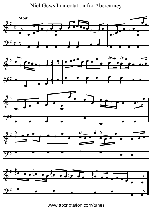 Niel Gows Lamentation for Abercarney - staff notation