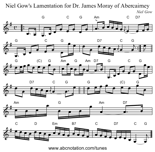 Niel Gow's Lamentation for Dr. James Moray of Abercairney - staff notation