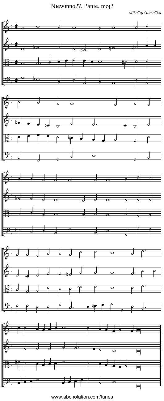 Niewinno??, Panie, moj? - staff notation