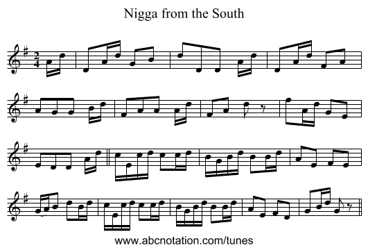Nigga from the South - staff notation