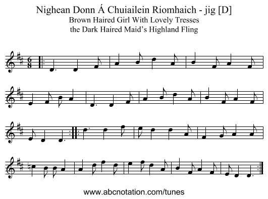 Nighean Donn &Aacute; Chuiailein Riomhaich - jig [D] - staff notation