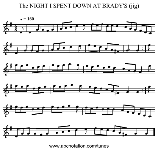NIGHT I SPENT DOWN AT BRADY'S (jig), The - staff notation