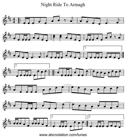 Night Ride To Armagh - staff notation