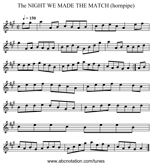 NIGHT WE MADE THE MATCH (hornpipe), The - staff notation