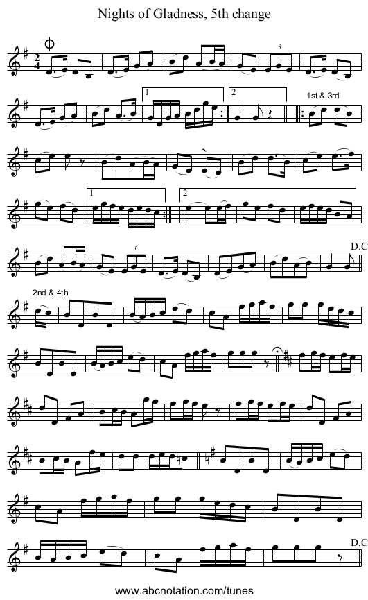 Nights of Gladness, 5th change - staff notation