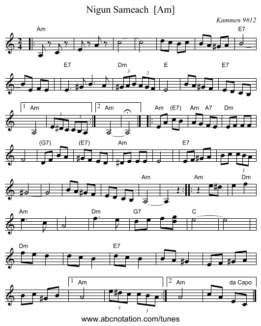 Nigun Sameach  [Am] - staff notation