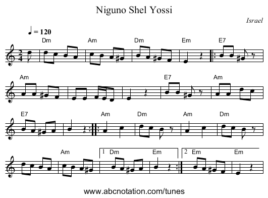 Niguno Shel Yossi - staff notation