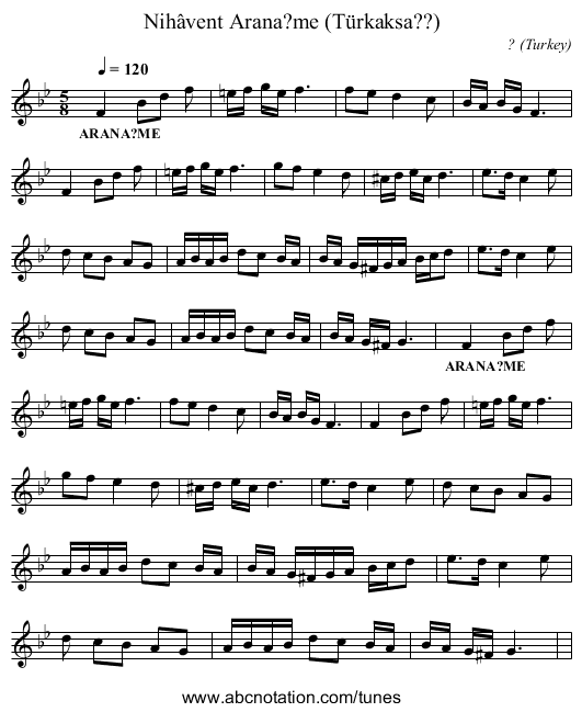 Nihâvent Arana?me (Türkaksa??) - staff notation