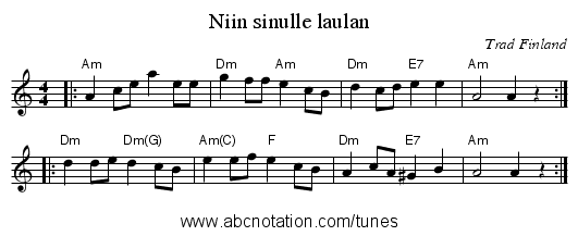 Niin sinulle laulan - staff notation
