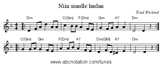 Niin sinulle laulan - staff notation