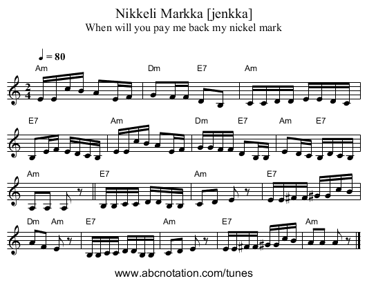 Nikkeli Markka [jenkka] - staff notation