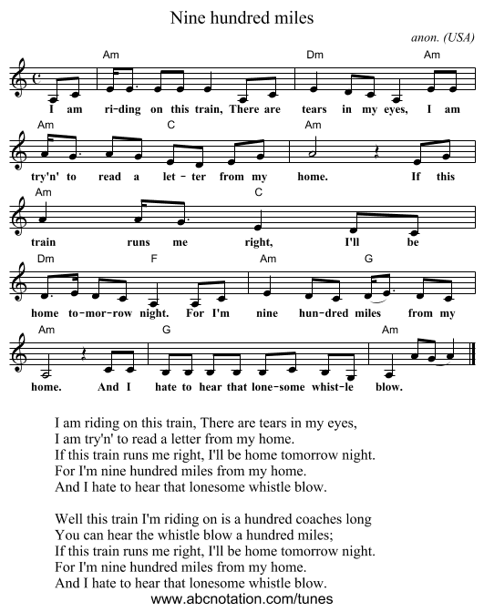 Nine hundred miles - staff notation