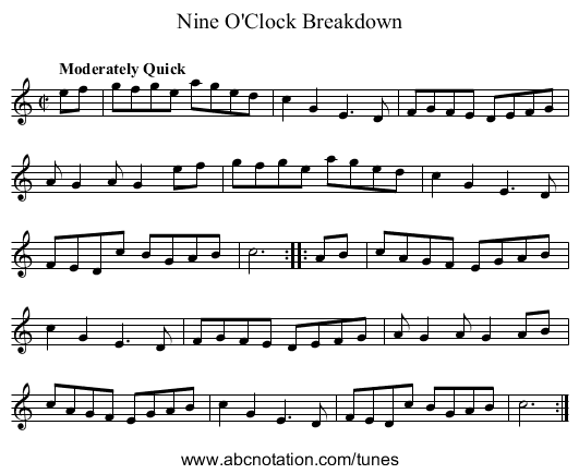 Nine O'Clock Breakdown - staff notation