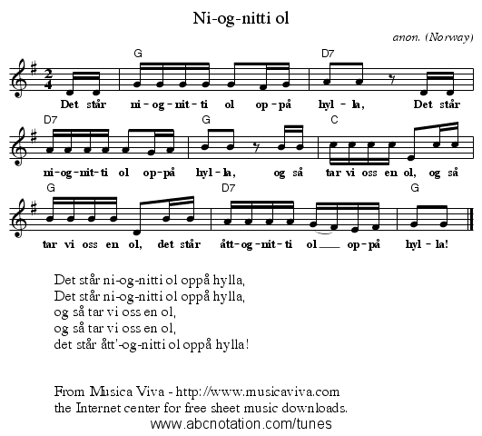Ni-og-nitti &oslash;l - staff notation