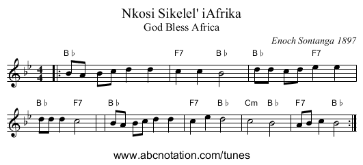 Nkosi Sikelel' iAfrika - staff notation
