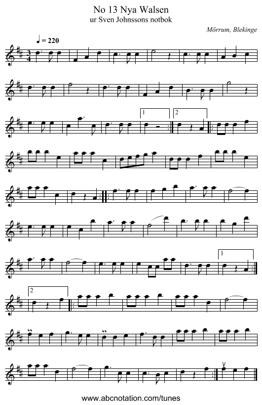 No 13 Nya Walsen - staff notation