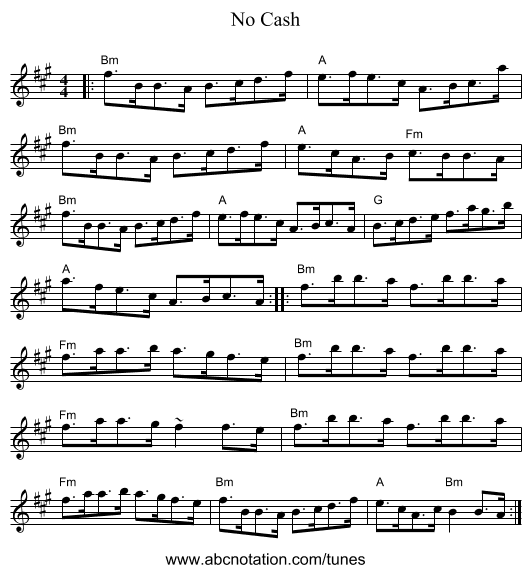 No Cash - staff notation