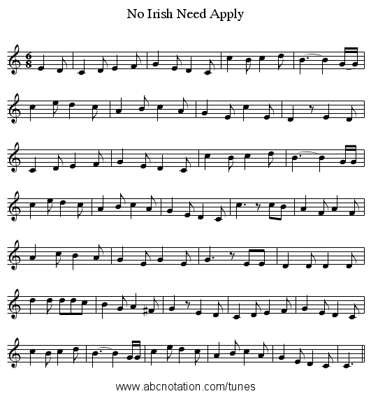 No Irish Need Apply - staff notation