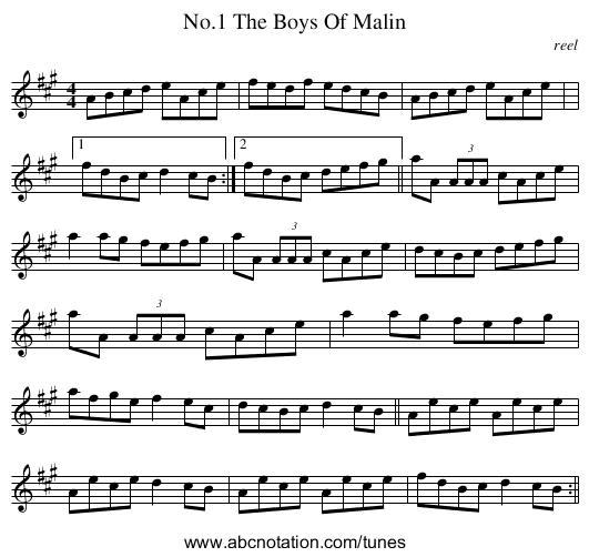 No.1 The Boys Of Malin - staff notation